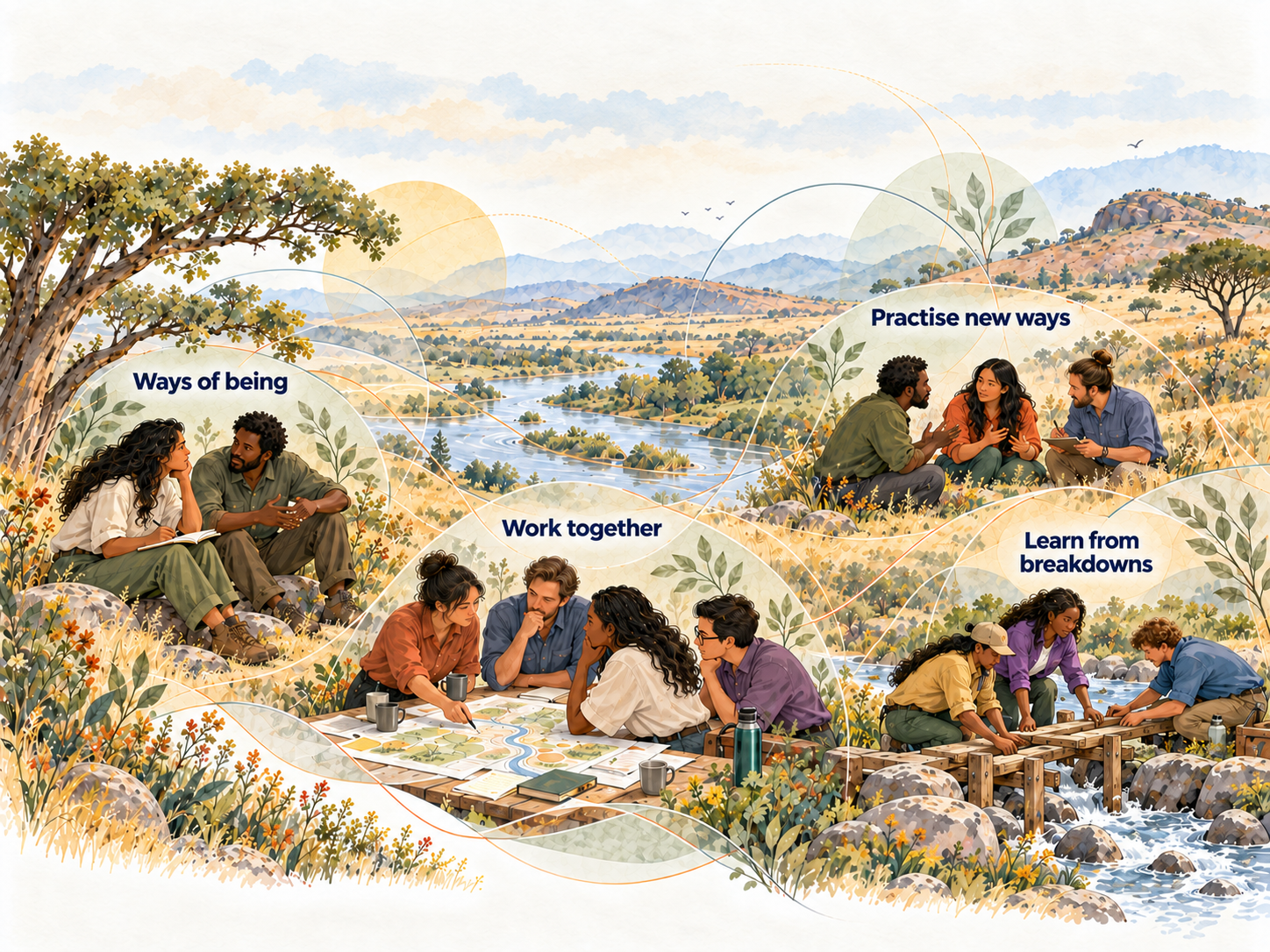 Four connected ways to shape the system together: ways of being, working together, practising new ways and learning from breakdowns