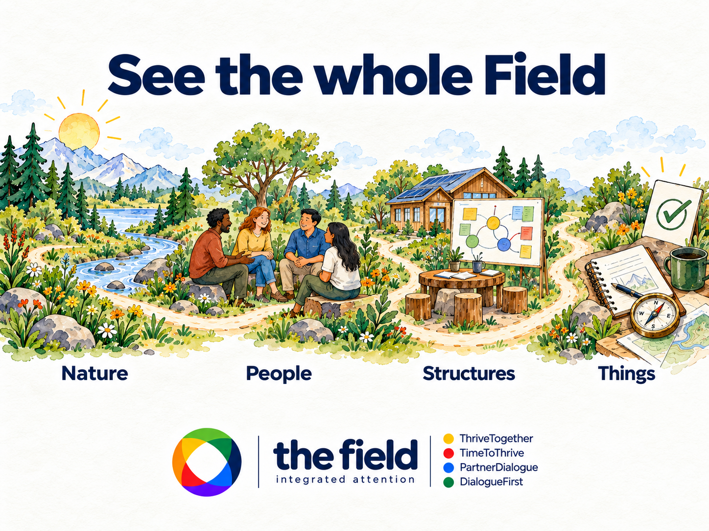 Illustration of nature, people, structures and things across the living Field