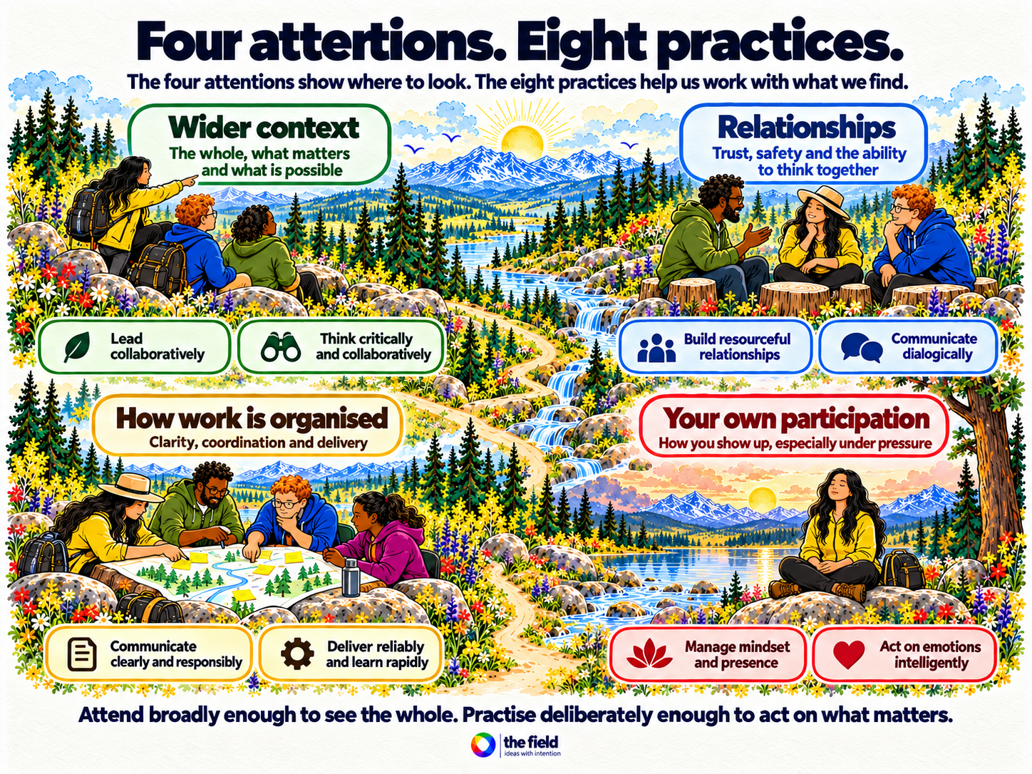 The four attentions and eight ThriveTogether practices across wider context, relationships, organisation and personal participation