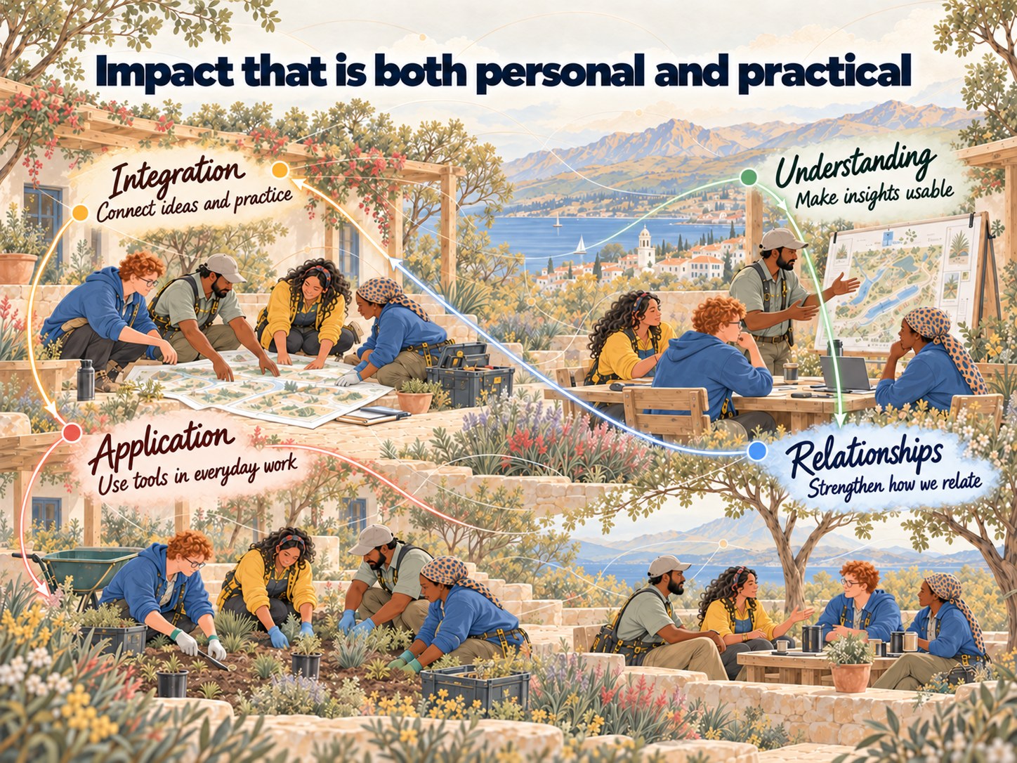 A circular flow of understanding, relationships, integration and application